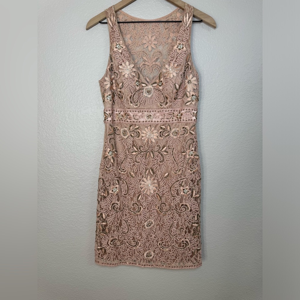 Y2K Sue Wong Nocturne Blush Pink Beaded Lace Mini Dress size 10